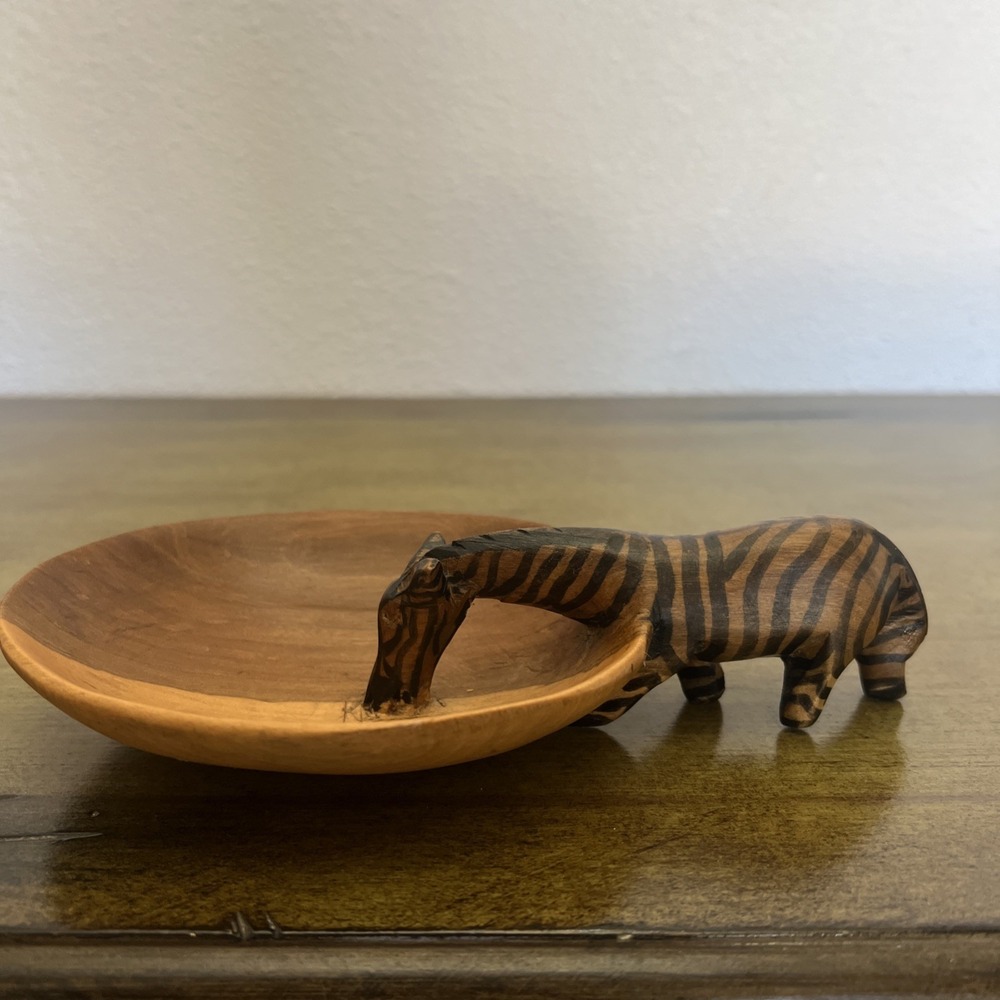 Vintage made in Kenya Hand Painted Hand Carved Wood 8" Zebra Bowl Ethnic African